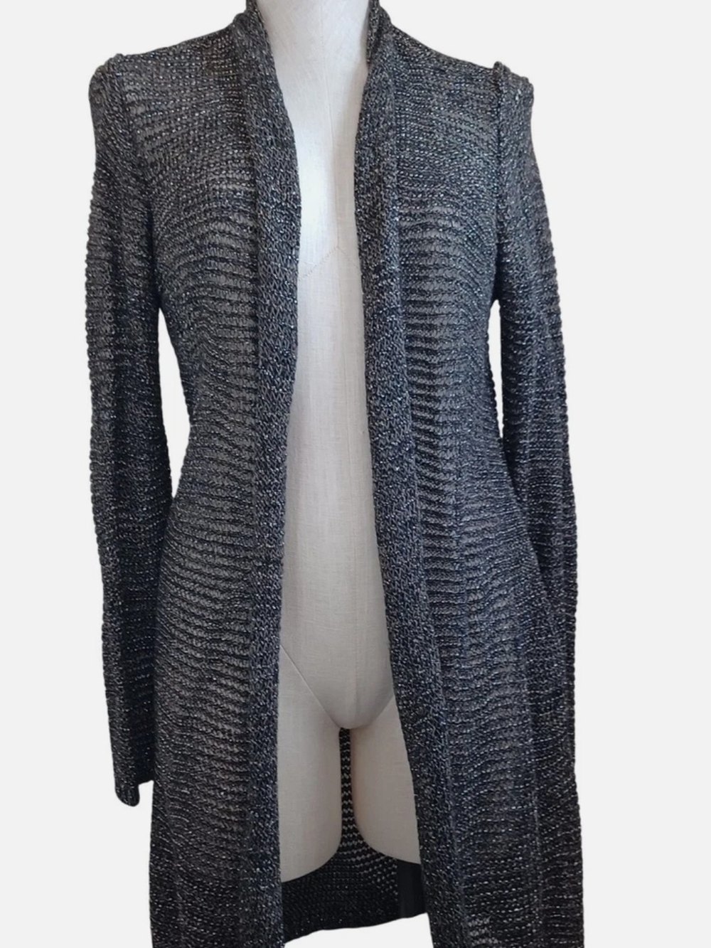 Eileen Fisher Long Open-Front Charcoal Gray Knit Cardigan